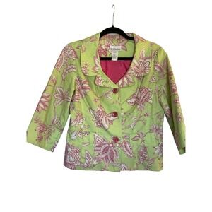 3 Sisters Green Pink Lined Short Blazer Jacket Med Floral Feminine Cottagecore
